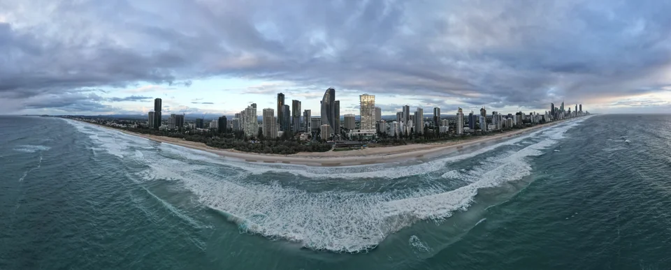 A panorama of Broadbeach's beachfront buildings and coastline