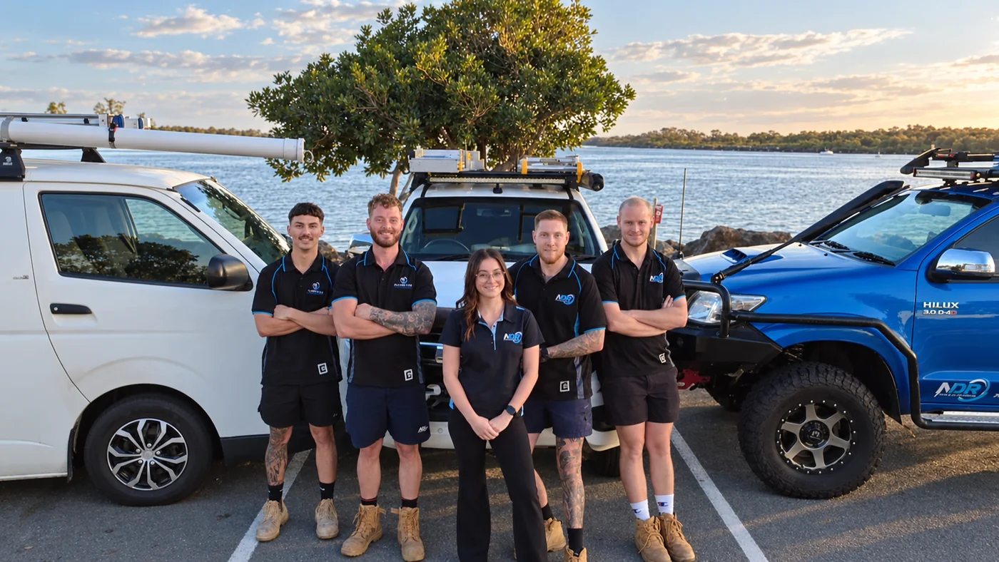 The NDR team together beside their work vehicles on the Gold Coast