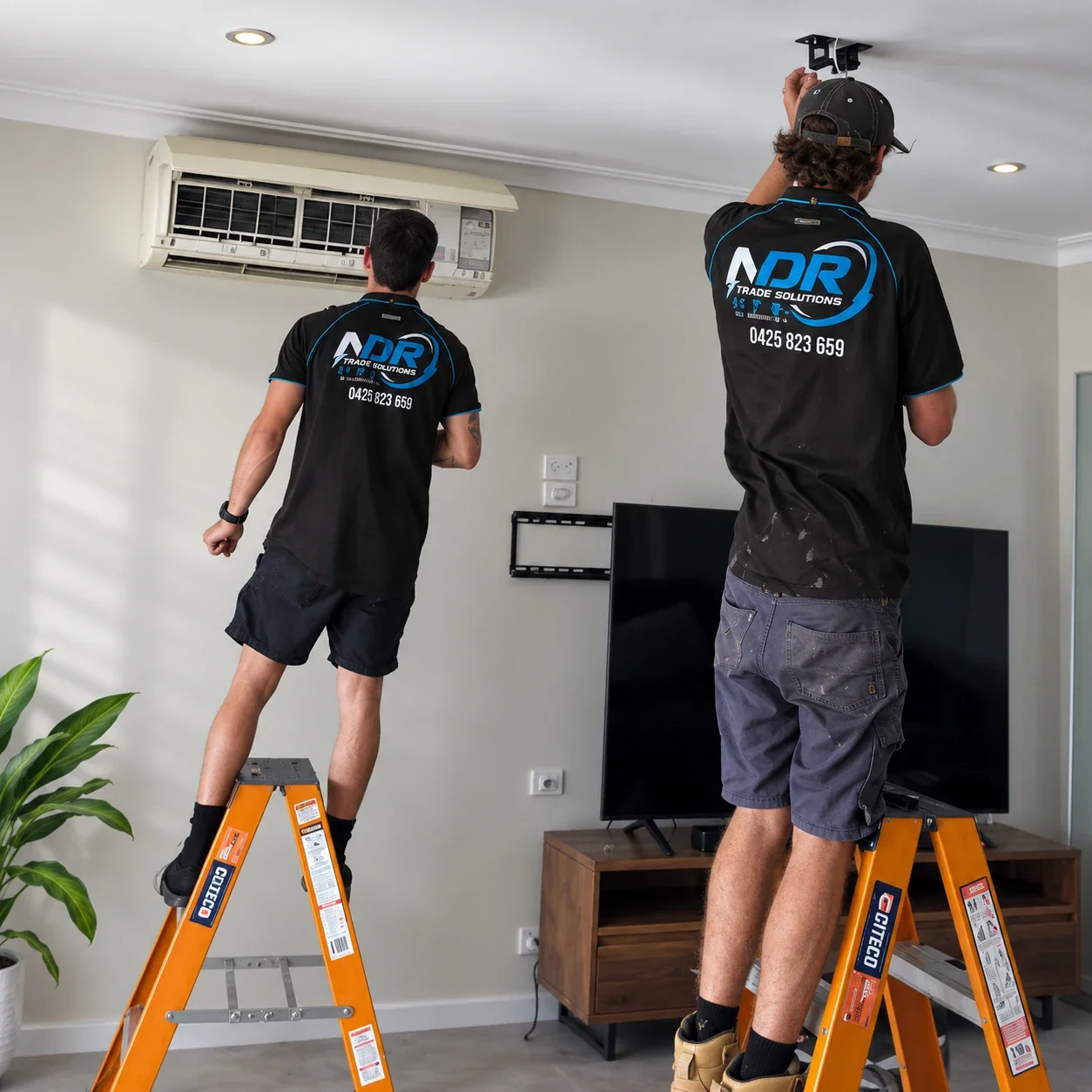 Illustrative image of installers working near a wall-mounted air conditioner